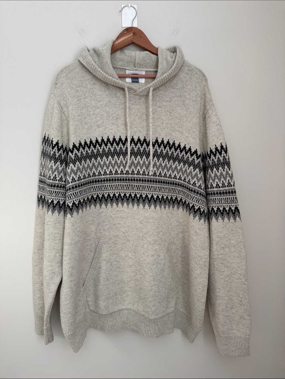 Old Navy Fair Isle Knit Hoodie Sweater XXL Gray Wool Blend Pullover